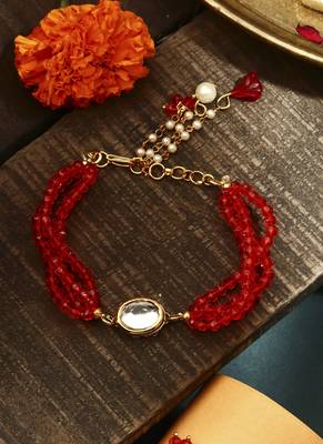 Red kundan studded bhaiya bhabhi rakhi set 2