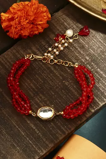 Red kundan studded bhaiya bhabhi rakhi set