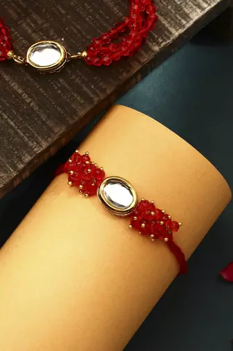 Red kundan studded bhaiya bhabhi rakhi set