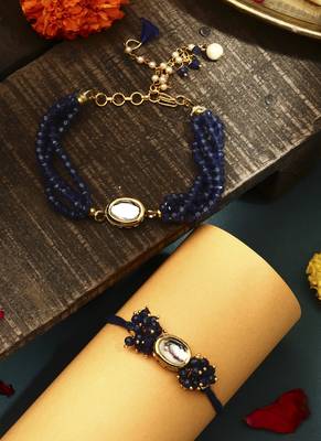 Blue kundan studded bhaiya bhabhi rakhi set 1