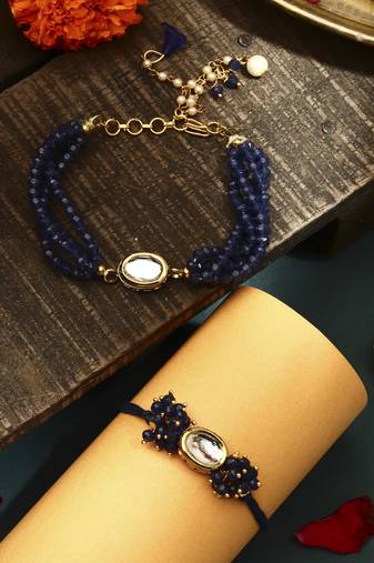 Blue kundan studded bhaiya bhabhi rakhi set