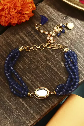 Blue kundan studded bhaiya bhabhi rakhi set
