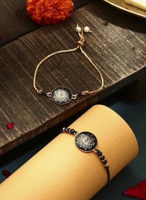 Elegant blue rakhi with golden lotus painted bhaiya bhabhi set 1