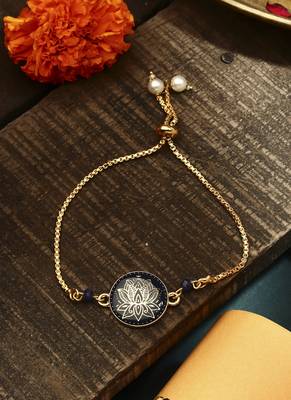 Elegant blue rakhi with golden lotus painted bhaiya bhabhi set 2