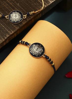 Elegant blue rakhi with golden lotus painted bhaiya bhabhi set 3