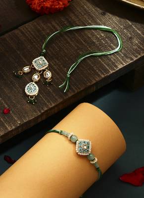 Green meenakari with kundan studded bhaiya bhabhi rakhi 1