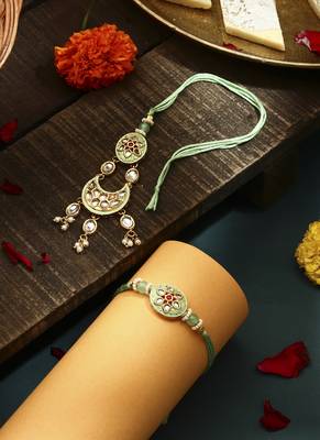 Green meenakari with kundan studded bhaiya bhabhi rakhi 1
