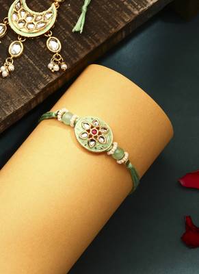 Green meenakari with kundan studded bhaiya bhabhi rakhi 3
