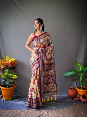Cream Beautiful Kalamkari Style print cotton bland Tussle saree with Blouse 1
