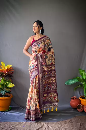 Cream Beautiful Kalamkari Style print cotton bland Tussle saree with Blouse