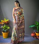 Green Beautiful Kalamkari Style print cotton bland Tussle saree with Blouse