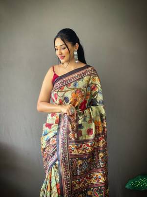 Green Beautiful Kalamkari Style print cotton bland Tussle saree with Blouse 2