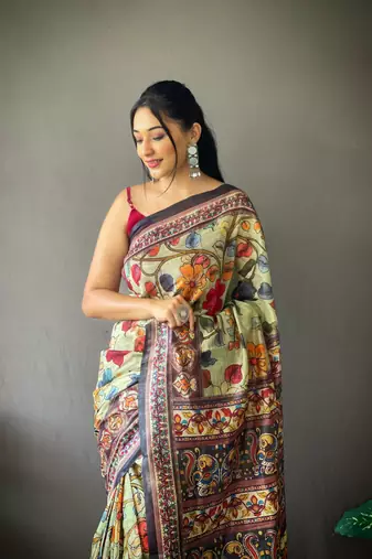 Green Beautiful Kalamkari Style print cotton bland Tussle saree with Blouse