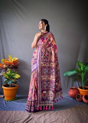 Pink Beautiful Kalamkari Style print cotton bland Tussle saree with Blouse 1