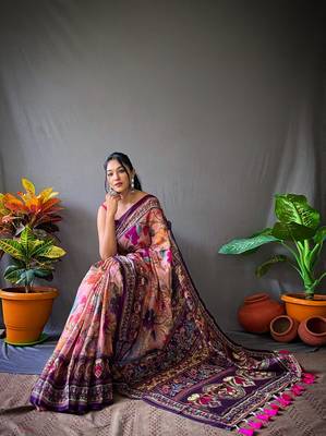 Pink Beautiful Kalamkari Style print cotton bland Tussle saree with Blouse 3