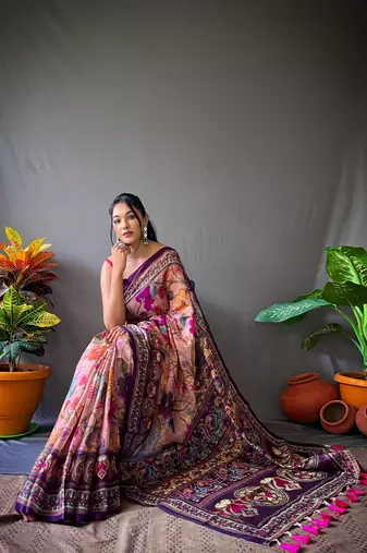 Pink Beautiful Kalamkari Style print cotton bland Tussle saree with Blouse