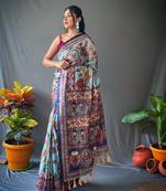 Sky Blue Beautiful Kalamkari Style print cotton bland Tussle saree with Blouse