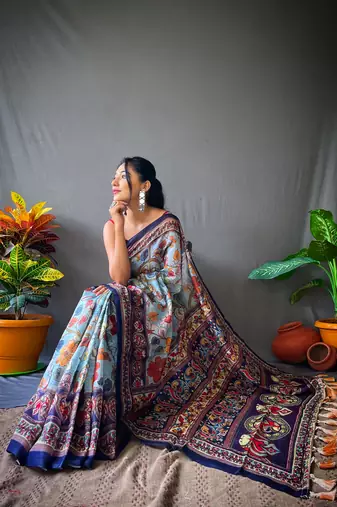 Sky Blue Beautiful Kalamkari Style print cotton bland Tussle saree with Blouse