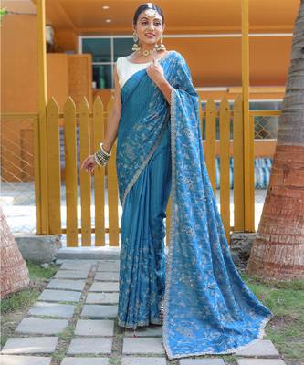 Blue Classic emboidary border silk bland weaving saree with Blouse 1
