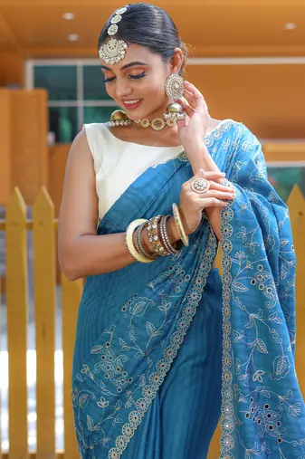 Blue Classic emboidary border silk bland weaving saree with Blouse