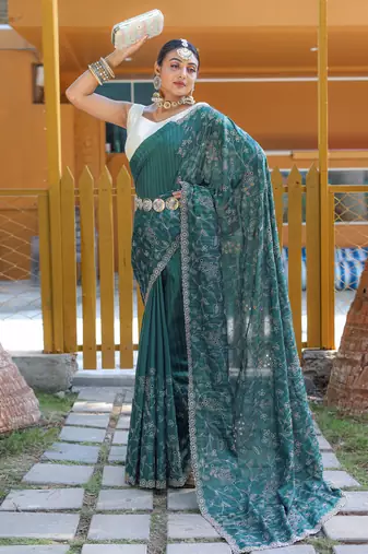 Green Classic emboidary border silk bland weaving saree with Blouse