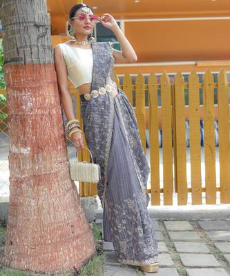 Grey Classic emboidary border silk bland weaving saree with Blouse 2