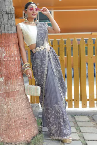Grey Classic emboidary border silk bland weaving saree with Blouse