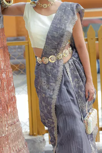 Grey Classic emboidary border silk bland weaving saree with Blouse