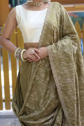 Mahendi Classic emboidary border silk bland weaving saree with Blouse