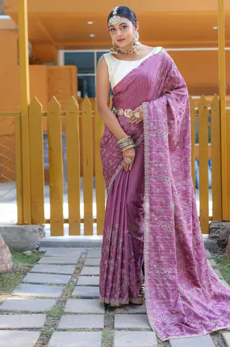 Lavender Classic emboidary border silk bland weaving saree with Blouse