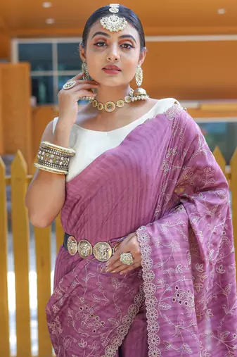 Lavender Classic emboidary border silk bland weaving saree with Blouse