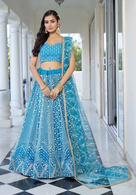 SKY BLUE NET FABRIC LAHENGA WITH SEQUINS AND THREAD EMBROIDERY WORK 1