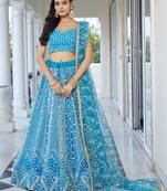 SKY BLUE NET FABRIC LAHENGA WITH SEQUINS AND THREAD EMBROIDERY WORK