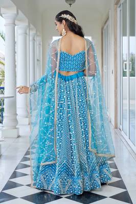 SKY BLUE NET FABRIC LAHENGA WITH SEQUINS AND THREAD EMBROIDERY WORK 3
