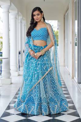 SKY BLUE NET FABRIC LAHENGA WITH SEQUINS AND THREAD EMBROIDERY WORK 5