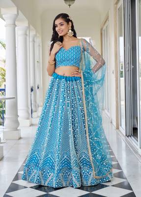 SKY BLUE NET FABRIC LAHENGA WITH SEQUINS AND THREAD EMBROIDERY WORK 6