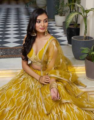 MUSTARD YELLOW NET FABRIC LAHENGA WITH SEQUINS AND THREAD EMBROIDERY WORK 4