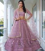 DUSTY PINK NET FABRIC LAHENGA WITH SEQUINS AND THREAD EMBROIDERY WORK
