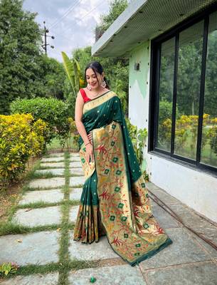 Green Paithani style zari weaving silk bland Floral pallu saree with Blouse 1