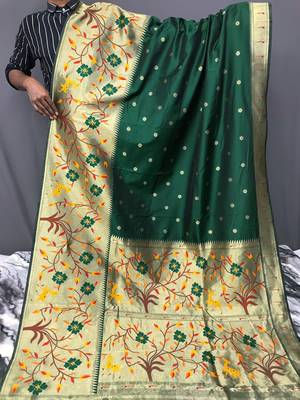 Green Paithani style zari weaving silk bland Floral pallu saree with Blouse 3