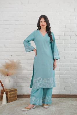 Sky blue pure cotton women kurta pant set 1