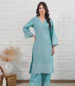 Sky blue pure cotton women kurta pant set