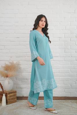 Sky blue pure cotton women kurta pant set 3