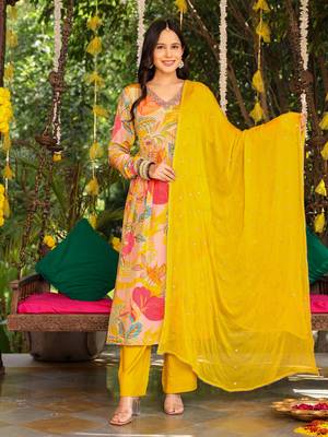 Yellow omen embroidered pure russian silk kurta set 1