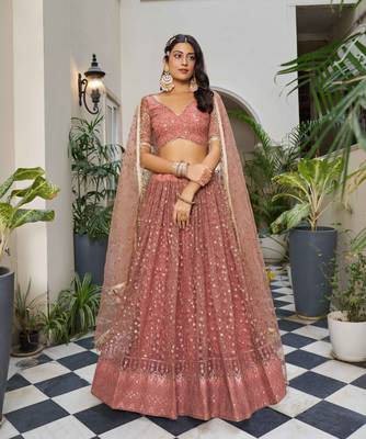 RUST  NET FABRIC LAHENGA WITH SEQUINS AND THREAD EMBROIDERY WORK 1