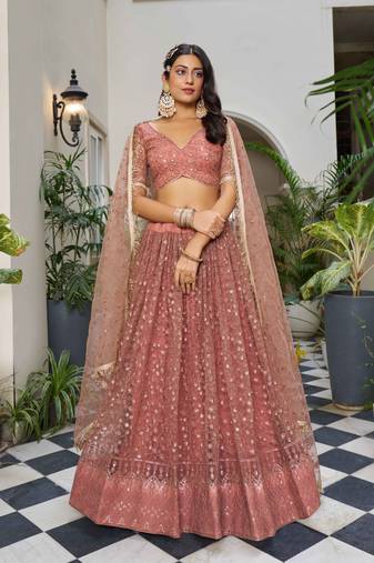RUST  COLOR NET FABRIC LAHENGA WITH SEQUINS AND THREAD EMBROIDERY WORK