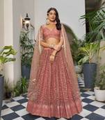 RUST  NET FABRIC LAHENGA WITH SEQUINS AND THREAD EMBROIDERY WORK