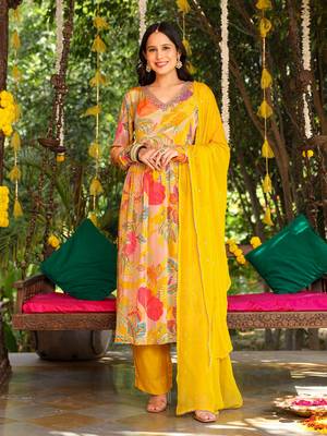 Yellow omen embroidered pure russian silk kurta set 3
