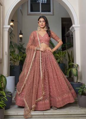 RUST  NET FABRIC LAHENGA WITH SEQUINS AND THREAD EMBROIDERY WORK 3