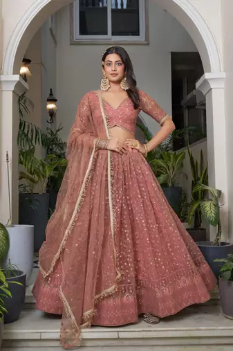 RUST  NET FABRIC LAHENGA WITH SEQUINS AND THREAD EMBROIDERY WORK